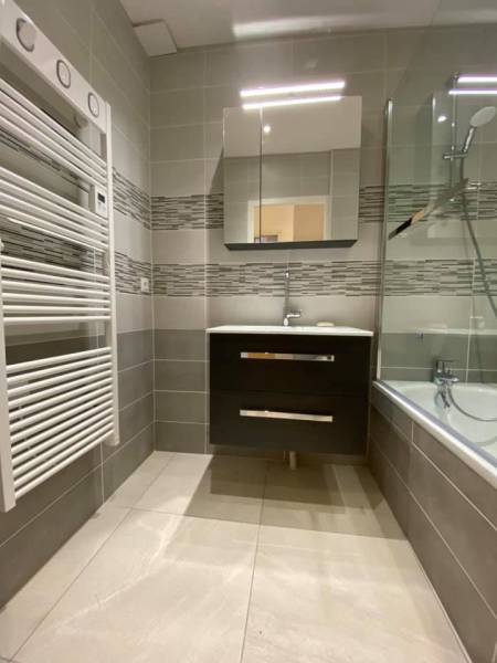 Rénovation d'une salle de bain avec baignoire design et carrelage anthracite à Lyon 3